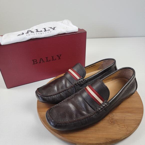 Bally Men’s Size 12 D Wabler Brown Leather Driving Loafers W/ Og Box Web Stripe - Picture 1 of 16